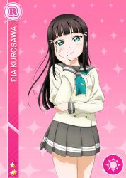 Rule 34 | 1girl, anime coloring, aqua neckerchief, black hair, blunt bangs, blush, buttons, card (medium), closed mouth, cowboy shot, double-breasted, green eyes, grey sailor collar, grey skirt, hair ornament, hairclip, hand on own cheek, hand on own elbow, hand on own face, hand up, kurosawa dia, long hair, long sleeves, looking at viewer, love live!, love live! school idol festival, love live! sunshine!!, miniskirt, mole, mole under mouth, neckerchief, official art, pink background, pleated skirt, sailor collar, school uniform, serafuku, shirt, skirt, smile, solo, standing, star (symbol), tie clip, uranohoshi school uniform, white shirt, winter uniform