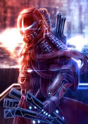 1other absurdres blurry blurry_background coat commentary_request cyberpunk depth_of_field facing_viewer gloves glowing helm helmet highres looking_at_viewer open_clothes open_coat original rain samurai scarf solo sword weapon yuya090602