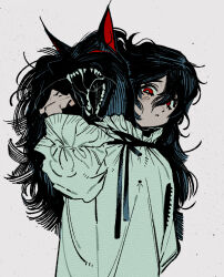 1girl animal_head bright_pupils conjoined fangs green_pajamas hand_up looking_at_viewer original pajamas pankepen red_eyes saliva solo upper_body white_background white_pupils
