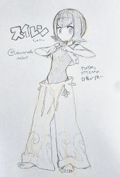 1girl arms_up artist_name bare_shoulders barefoot bob_cut breasts capri_pants character_name closed_mouth clothes_lift dot_mouth feet female_focus graphite_(medium) hairband japanese_text lana_(pokemon) lemonade_kokoi lifting_own_clothes looking_at_viewer nintendo one-piece_swimsuit pants pokemon pokemon_(anime) pokemon_sm_(anime) shirt shirt_lift short_hair sidelocks signature simple_background sketch sleeveless sleeveless_shirt small_breasts solo swimsuit swimsuit_under_clothes traditional_media translation_request twitter_username white_background wide-eyed