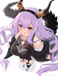 Rule 34 | 1girl, :o, arknights, arms at sides, black hairband, black horns, black jacket, black shirt, black thighhighs, blush, breasts, cleavage cutout, clothing cutout, crossed bangs, fake horns, foreshortening, from above, full body, garter straps, hair between eyes, hairband, highres, horns, jacket, large breasts, long hair, long sleeves, looking up, open clothes, open jacket, open mouth, pink eyes, purple hair, shadow, shirt, sidelocks, simple background, single thighhigh, sleeveless, sleeveless shirt, solo, thighhighs, twitter username, typhon (arknights), white background, yukidaruma718