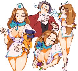 1boy 1girl 3amsoda ace_attorney ace_attorney_investigations artist_name ascot ass blue_scarf breasts brown_hair business_suit cammy_meele earrings flight_attendant formal_clothes highres jewelry large_breasts looking_at_viewer miles_edgeworth multiple_views red_suit scarf simple_background soap_bubbles solo_focus stuffed_animal stuffed_toy suit teddy_bear travel_attendant white_background