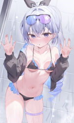 1girl :o against_glass bathroom bikini black_bikini black_jacket blush breast_press breasts breasts_on_glass commentary_request drill_hair frilled_bikini frills goggles goggles_on_head grey_hair highres honkai:_star_rail honkai_(series) jacket long_hair looking_at_viewer navel paid_reward_available pekokota silver_wolf_(honkai:_star_rail) small_breasts solo stomach swimsuit thigh_strap wet