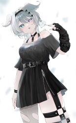 Rule 34 | 1girl, :o, aqua eyes, belt, black hairband, black nails, black shirt, black skirt, blush, breasts, chest harness, cowboy shot, elira pendora, elira pendora (goth), fingerless gloves, gloves, grey hair, hair intakes, hairband, harness, head wings, heterochromia, highres, large breasts, long hair, nijisanji, nijisanji en, off-shoulder shirt, off shoulder, pantyhose, pleated skirt, purple eyes, remon04mom, shirt, single fingerless glove, single leg pantyhose, skindentation, skirt, solo, torn clothes, torn pantyhose, virtual youtuber, wings