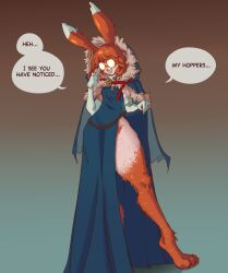 1girl absurdres animal_ears aurora_(league_of_legends) blue_dress cloak clothes_lift dress elbow_gloves english_text furry furry_female glasses gloves gradient_background highres hood hooded_cloak league_of_legends opaque_glasses orange_fur orange_hair orange_pubic_hair peppr_n&#039;_salt pubic_hair pubic_hair_peek rabbit_ears rabbit_girl round_eyewear side_slit solo speech_bubble white_gloves