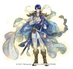 1boy armor ascot belt blue_eyes blue_hair boots cape collar copyright_notice fire_emblem fire_emblem:_genealogy_of_the_holy_war fire_emblem_heroes full_body long_sleeves male_focus nintendo official_art sheath short_hair shoulder_armor sigurd_(fated_holy_knight)_(fire_emblem) sigurd_(fire_emblem) solo suzuki_rika