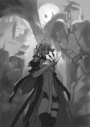 1girl absurdres ahoge bare_shoulders breasts changli_(wuthering_waves) chucky_(chucky1000sun) closed_mouth collar commentary_request detached_sleeves dress greyscale hair_between_eyes hair_extensions hair_ornament hand_up highres holding jacket large_breasts light_smile long_hair looking_at_viewer monochrome outdoors ring_hair_extensions short_sleeves sketch solo thigh_strap thighhighs wuthering_waves