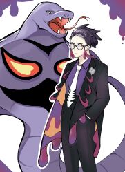 1boy absurdres arbok black-framed_eyewear black_coat black_hair black_pants closed_mouth coat collared_shirt commentary_request corbeau_(pokemon) engawa_(nekomimi0415) frown gen_1_pokemon glasses hand_in_pocket highres male_focus necktie nintendo open_clothes open_coat pants pokemon pokemon_(creature) pokemon_legends:_z-a purple_shirt round_eyewear shirt short_hair standing white_background white_necktie yellow_eyes