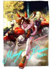 1girl 2022 :d absurdres boots brown_eyes brown_hair building christmas christmas_lights fur_jacket gift gloves hair_over_one_eye highres jacket long_hair long_sleeves looking_at_viewer merry_christmas motor_vehicle motorcycle night night_sky open_mouth outdoors pants ponytail red_boots red_jacket riding roku_de_nasu sky smile solo tree umamusume vodka_(nonfreezing_aqua_vitae)_(umamusume) vodka_(umamusume) white_gloves white_pants