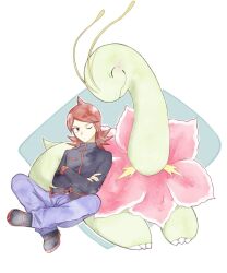 1boy asuka_rkgk black_footwear black_jacket closed_mouth commentary_request cowlick crossed_arms game_freak gen_2_pokemon highres jacket long_sleeves looking_to_the_side male_focus medium_hair meganium nintendo one_eye_closed pants pokemon pokemon_(creature) pokemon_hgss purple_pants red_hair shoes silver_(pokemon) sitting