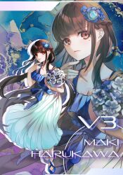 1girl blue_flower blunt_bangs blush bouquet braid breasts brown_hair character_name cleavage closed_mouth collarbone commentary_request danganronpa_(series) danganronpa_v3:_killing_harmony dress eyelashes flower full_body hair_down hair_ornament hand_up harukawa_maki high_heels highres holding holding_bouquet long_dress long_hair looking_at_viewer mole mole_under_eye nota_sayaka official_alternate_costume official_alternate_hairstyle red_eyes solo standing