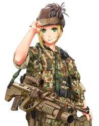 1girl assault_rifle blonde_hair bullpup camouflage cowboy_shot female_focus fn_ag-c/eglm green_eyes grenade_launcher gun hat hat_feather highres jpc military military_uniform modular_weapon_system original rifle simple_background slouch_hat smile soldier solo steyr_aug steyr_gl_40 transforming_weapon under-barrel_configuration underbarrel_grenade_launcher weapon white_background