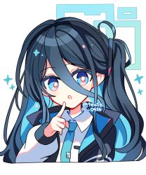 1girl :o aris_(blue_archive) black_hair black_jacket blue_archive blue_eyes blue_halo blue_necktie blush bright_pupils collared_shirt commentary cropped_torso dot_nose hair_between_eyes halo hand_up highres index_finger_raised jacket long_hair long_hair_between_eyes long_sleeves looking_at_viewer necktie open_clothes open_jacket open_mouth shirocha_tei shirt simple_background solo twitter_username white_background white_pupils white_shirt