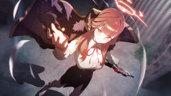 1girl absurdres aru_(blue_archive) black_shoes black_skirt blue_archive blush breasts brown_cat brown_coat brown_horns coat coat_on_shoulders collared_shirt fingernails grin gun halo highres holding holding_gun holding_weapon horns large_breasts long_hair long_sleeves nail_polish neck_ribbon orange_eyes pink_hair pink_ribbon red_nails ribbon shirt shoes skirt smile solo thighs weapon white_shirt yuyiosang