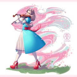 Rule 34 | 1girl, aamiraglia, aqua dress, artist logo, artist name, bow (music), dress, drill hair, elbow gloves, gloves, high heels, instrument, justice gakuen, kirishima yurika, light brown hair, logo, moero! justice gakuen, pantyhose, platform footwear, red footwear, red ribbon, ribbon, solo, twin drills, violin, white gloves, white pantyhose