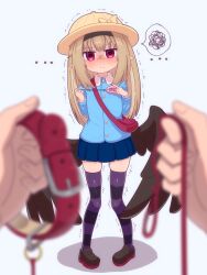 1boy 1girl absurdres animal_collar bag black_boots blonde_hair blue_shirt blue_skirt boots collar crime_prevention_buzzer dark_feather_alma emil_chronicle_online hat highres kindergarten_uniform leash long_hair pointy_ears purple_thighhighs red_eyes rna0 scared school_hat shirt shoulder_bag skirt standing striped_clothes striped_thighhighs tearing_up thighhighs trembling