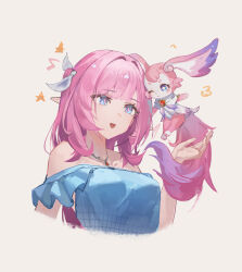 Rule 34 | 1girl, ;), absurdres, bare shoulders, blue eyes, blue shirt, breasts, chinese commentary, commentary request, cropped torso, elysia (honkai impact), hair ornament, highres, honkai: star rail, honkai (series), honkai impact 3rd, jewelry, large breasts, long hair, mem (honkai: star rail), necklace, one eye closed, open mouth, pink fur, pink hair, pink pupils, shirt, simple background, smile, star-shaped pupils, star (symbol), symbol-shaped pupils, tail, white background, xianluojimaomao2333
