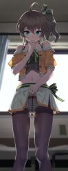Rule 34 | 1girl, absurdres, ahoge, aqua eyes, backlighting, black pantyhose, black shirt, blurry, blurry background, bow, bow panties, bra strap, brown hair, buttons, ceiling, clenched hand, closed mouth, clothes lift, collarbone, commentary request, crop top, cropped jacket, cropped shirt, curtains, day, deenamaito, depth of field, feet out of frame, from below, green ribbon, hair ribbon, hand to own mouth, hand up, highres, hololive, indoors, jacket, legs, legs apart, lifting own clothes, light blush, linea alba, looking at viewer, looking down, miniskirt, natsuiro matsuri, natsuiro matsuri (1st costume), navel, off-shoulder jacket, off shoulder, open clothes, open jacket, panties, panties under pantyhose, pantyhose, pleated skirt, ribbon, shirt, shirt ribbon, skirt, skirt lift, solo, standing, stomach, striped clothes, striped panties, striped ribbon, two side up, underwear, waist ribbon, white skirt, window, yellow jacket