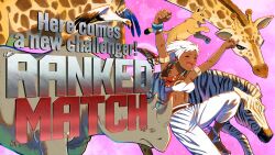 1girl animal animal_print armlet arms_up bandeau bird bracelet dark_skin earrings elena_(street_fighter) giraffe happy highres jewelry light_blush lion lion_cub mango_(mgosketches) multiple_others open_mouth pants rhinoceros running sandals scarf secretarybird street_fighter street_fighter_6 white_bandeau white_hair white_pants zebra zebra_print