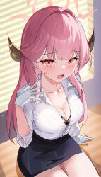 1girl absurdres aru_(blue_archive) black_bra black_skirt blue_archive blush bra breasts cleavage collared_shirt commentary_request demon_girl demon_horns gloves highres horns indoors long_hair long_sleeves looking_at_viewer medium_breasts miniskirt open_clothes open_mouth open_shirt pencil_skirt pink_hair red_eyes shirt shirt_tucked_in sitting skirt solo sweat underwear usagi_(786113654) white_gloves white_shirt window_blinds