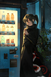 1boy black_robe bottle brown_hair can canned_coffee drink_can eye_print eye_symbol glowing hair_between_eyes highres holding holding_can jyu_viole_grace kunyetog leaf long_hair long_sleeves looking_at_viewer night original plant ponytail power_lines robe shadow soda_can solo tower_of_god twenty-fifth_bam vending_machine yellow_eyes