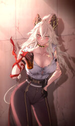 Rule 34 | 1girl, absurdres, arm strap, black gloves, black pants, blonde hair, blush, breasts, bright pupils, button gap, can, closed mouth, collarbone, commentary, curled horns, drink can, duplicate, gloves, hair between eyes, hand on own hip, high-waist pants, highres, holding, holding can, horns, hug, hug from behind, large breasts, long hair, looking at viewer, mole, mole on breast, mole under eye, pants, pixel-perfect duplicate, red eyes, shirt, shirt tucked in, smile, solo, soon (yjwx8242), tight clothes, tight pants, torn clothes, torn shirt, very long hair, white pupils, white shirt, wuthering waves, zani (wuthering waves)