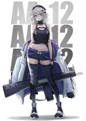 1girl aa-12 aa-12_(girls&#039;_frontline) absurdres bags_under_eyes black_shoes black_shorts black_tank_top black_thighhighs breasts commentary full_body girls&#039;_frontline grey_hair gun hair_ornament highres lollipop_in_mouth looking_at_viewer medium_breasts medium_hair navel purple_eyes shoes short_shorts shorts shotgun simple_background solo standing star_(symbol) star_hair_ornament tank_top thighhighs tofu_(killer150) weapon white_background
