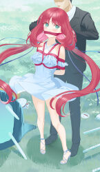 Rule 34 | 1boy, 1girl, absurdres, alternate costume, aqua eyes, arms behind back, bdsm, black suit, bondage, bound, bound arms, bound torso, bound wrists, breast bondage, breasts, business suit, cailin020, cleave gag, cloth gag, dress, formal clothes, gag, gagged, genshin impact, high heel sandals, high heels, highres, improvised gag, long hair, nilou (genshin impact), red hair, red rope, restrained, rope, sandals, shibari, shibari over clothes, solo focus, suit, twintails, white dress