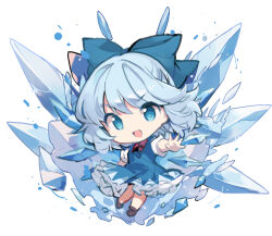 1girl :d asakura_maru blue_bow blue_dress blue_eyes blue_hair bow bowtie brown_shoes chibi chibi_only cirno commentary_request diorama dress frilled_dress frills full_body hair_bow half_updo highres ice ice_wings looking_at_viewer no_nose open_mouth partial_commentary petticoat pinafore_dress puffy_short_sleeves puffy_sleeves red_bow red_bowtie shoes short_hair short_sleeves simple_background sleeveless sleeveless_dress smile solo touhou v-shaped_eyebrows white_background wings