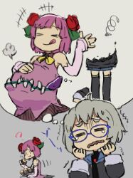 &gt;_&lt; 2girls :p ? belly blue-framed_eyewear cheek_bulge cupcake detached_sleeves eating extra_mouth female_focus flower food glasses grey_background hair_flower hair_ornament highres imagining monster_girl multiple_girls original purple_hair rose scared simple_background speech_bubble squiggle stomach_mouth thought_bubble tongue tongue_out trembling vanillaklein vore wavy_mouth