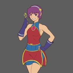 Rule 34 | 1girl, asamiya athena, bike shorts, bodysuit, dress, hairband, hand on own hip, highres, idol, looking at viewer, pants, psycho soldier, purple eyes, purple hair, short hair, shorts, skirt, smile, smiley face, snk, standing, star (symbol), the king of fighters, the king of fighters 2001, tomboy