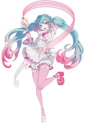1girl aqua_hair commentary_request cute_x_subculture_hatsune_miku_design_contest dress fashion fishnet_pantyhose fishnets gradient_hair hatsune_miku holding holding_wand long_hair magical_girl miira_miira multicolored_hair pantyhose pink_hair pink_pantyhose simple_background solo standing standing_on_one_leg twintails vocaloid wand white_background white_dress