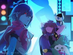 1girl 1other 2021 2boys :3 antenna_hair armor arms_behind_head backlighting belt black_belt black_jacket blue_gloves blue_hair blue_skin blue_tongue closed_mouth collared_jacket colored_sclera colored_skin colored_tongue commentary_request dated deltarune eyes_visible_through_hair film_grain freckles furry furry_female furry_male glasses gloves goat_boy green_eyes green_hat green_robe hair_over_one_eye hair_over_shoulder hat heart_belt highres horns index_finger_raised jacket kris_(deltarune) lancer_(deltarune) long_hair multiple_boys no_pupils one_eye_covered open_clothes open_jacket open_mouth pink_scarf pink_skin purple_eyes purple_hair purple_scarf purple_shirt purple_trim ralsei red_eyes reptile_girl robe round_eyewear scarf se_(hanahide) shirt shirt_tucked_in short-sleeved_jacket short_hair short_sleeves shoulder_armor sidelocks spade_(shape) striped_clothes striped_scarf susie_(deltarune) teeth tongue traffic_light two-tone_scarf upper_body upper_teeth_only white_fur witch_hat yellow_sclera