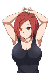 1girl absurdres armpits arms_up black_shirt breasts cleavage closed_mouth collarbone commentary_request en&#039;en_no_shouboutai highres large_breasts lisa_isaribi looking_at_viewer parted_bangs raru_(bnnon42) red_eyes red_hair shirt short_hair solo tank_top upper_body white_background