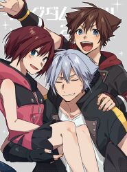 1girl 2boys arm_around_shoulder black_gloves black_jacket blue_eyes breasts brown_hair carrying closed_eyes dress fingerless_gloves furrowed_brow gloves grey_background grey_hair grin hair_between_eyes hood hood_down hooded_dress jacket kairi_(kingdom_hearts) kingdom_hearts kingdom_hearts_iii light_blush male_focus medium_breasts multiple_boys open_mouth pink_dress princess_carry red_hair riku_(kingdom_hearts) shirt short_hair smile sora_(kingdom_hearts) sweatdrop takanoharu0815 white_shirt