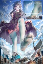 1girl akiyama_mio antinomychina black_dress black_eyes black_hair blue_sky building city clothes_lift cloud destruction don&#039;t_say_&quot;lazy&quot; dress dress_lift from_below giant giantess hat highres k-on! long_hair looking_at_viewer looking_down mini_hat mini_top_hat outdoors panties sky solo top_hat underwear white_panties