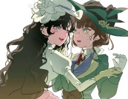2girls :d black_hair brown_hair dress eyewear_strap glasses gloves green_eyes green_hat green_jacket guni_(9guniguni) hands_up hat hat_feather isolde_(reverse:1999) jacket juliet_sleeves kakania_(reverse:1999) long_sleeves looking_at_another looking_to_the_side multiple_girls neck_ribbon open_mouth puffy_sleeves purple_eyes red_ribbon reverse:1999 ribbon round_eyewear shirt smile upper_body white_background white_dress white_gloves white_hat white_shirt yellow_gloves