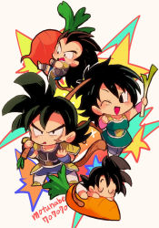 1girl 3boys ;d armor baby bardock beige_background black_eyes black_hair brothers burdock_root carrot carrying chibi closed_eyes d: diaper dragon_ball dragon_ball_super dragon_ball_super_broly family father_and_son food frown gine happy highres holding looking_at_viewer mother_and_son motunabe707070 multiple_boys name_connection nervous object_namesake one_eye_closed open_mouth radish raditz scar serious siblings simple_background sleeping smile son_goku spiked_hair spring_onion star_(symbol) sweatdrop twitter_username vegetable wavy_mouth wristband