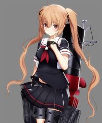 10s 1girl 3d black_serafuku black_shirt black_skirt blonde_hair brown_eyes chain eyebrows female_focus finger_to_cheek funnel_(tool) grey_background hair_between_eyes highres kantai_collection long_hair looking_at_viewer machinery midriff_peek murasame_(kancolle) ponpu-chou propeller school_uniform serafuku ship_turret shirt short_sleeves skirt smile smokestack solo torpedo twintails