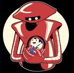 Rule 34 | 1boy, :d, backwards hat, black hair, blush, carrying, eve (mother), hat, holding, hoshi (star-name2000), looking down, looking up, mechanical arms, mother (series), mother 1, musical note, ninten, nintendo, open mouth, red hat, robot, shirt, simple background, size difference, smile, striped clothes
