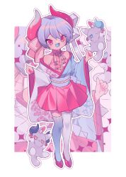 Rule 34 | 1boy, bare shoulders, blue tongue, blush, colored tongue, commentary, creature, double-parted bangs, fangs, full body, hair between eyes, hair ribbon, hakama, hakama short skirt, hakama skirt, high heels, highres, horns, japanese clothes, kimono, male focus, multicolored kimono, off shoulder, open mouth, original, outline, ozureiji, pink ribbon, pink shirt, red eyes, red hakama, red horns, red shoes, ribbon, shirt, shoes, short hair, skin fangs, skirt, sleeveless, sleeveless shirt, slit pupils, smile, solo, symbol-only commentary, thighhighs, trap, tsurime, w arms, white outline, white ribbon, white thighhighs, wide sleeves, zoom layer