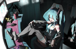 1girl 39 absurdres aqua_eyes aqua_hair aqua_nails aqua_necktie arm_rest bare_shoulders black_skirt black_sleeves black_thighhighs breasts can chair collared_shirt commentary computer_keyboard computer_mouse controller crossed_legs curtains detached_sleeves energy_drink eyelashes feet feet_on_table feet_up full_body gaming_chair grey_shirt hair_between_eyes hand_on_own_knee hatsune_miku hatsune_miku_(fonewearl_style) headphones highres holding holding_controller indoors jiu_ye_sang knees_up leaning_back legs long_hair miniskirt monitor nail_polish necktie no_shoes open_mouth shadow shirt sidelocks sitting skirt sleeveless sleeveless_shirt small_breasts soles solo swivel_chair teeth thighhighs thighs toes vocaloid
