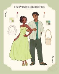 Rule 34 | 1boy, 1girl, animification, bag, brown hair, dark-skinned female, dark skin, dress, earrings, full body, green dress, highres, jewelry, long hair, looking at viewer, meecosme, necklace, prince naveen, sandals, smile, the princess and the frog, tiana (the princess and the frog)