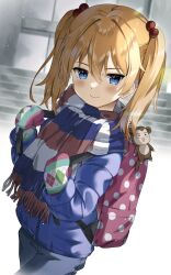 1girl @shun animal_charm backpack bag bag_charm blue_eyes blush charm_(object) closed_mouth cowboy_shot hair_bobbles hair_ornament highres holding_strap jacket long_hair looking_at_viewer mittens multicolored_scarf neon_genesis_evangelion orange_hair outdoors pink_bag scarf smile solo souryuu_asuka_langley stairs standing striped_clothes striped_scarf twintails vertical-striped_clothes vertical-striped_scarf winter_clothes