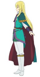 Rule 34 | 1boy, anime coloring, belt, blonde hair, boots, cloak, closed mouth, elf, full body, green cloak, green eyes, green jacket, hair between eyes, isekai maou to shoukan shoujo no dorei majutsu, jacket, kaneko shizue, keera l. greenwood, knee boots, long hair, long sidelocks, long sleeves, low-tied sidelocks, official art, pants, pointy ears, shirt, sidelocks, simple background, smile, solo, standing, transparent background, white boots, white pants, white shirt