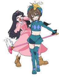 bat_wings belly black_hair blood brown_hair cardcaptor_sakura child costume daidouji_tomoyo dorontabi green_eyes hat kero_(cardcaptor_sakura) kinomoto_sakura long_hair midriff navel nosebleed one_eye_closed short_hair shorts staff tears thighhighs wings