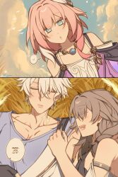 1boy 2girls blue_eyes blue_shirt blue_sky breasts coat commentary cyrene_(honkai:_star_rail) dress drooling english_text grey_hair highres honkai:_star_rail honkai_(series) jewelry lying majunjuu medium_hair multicolored_hair multiple_girls necklace on_back outdoors phainon_(honkai:_star_rail) pink_hair purple_coat shirt sky sleeping small_breasts speech_bubble stelle_(honkai:_star_rail) symbol-only_commentary trailblazer_(honkai:_star_rail) two-tone_hair wheat wheat_field white_dress white_hair