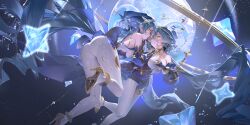 2girls absurdres ass black_gloves blue_hair breasts claw_ring detached_sleeves dual_persona floating_hair genshin_impact gloves hand_on_another&#039;s_face high_heels highres large_breasts layla_(genshin_impact) long_hair long_sleeves looking_at_another multiple_girls open_mouth pantyhose pointy_ears puffy_long_sleeves puffy_sleeves ribao shoes twintails very_long_hair white_pantyhose yellow_eyes yellow_shoes