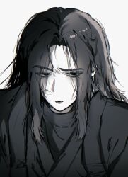 1boy bags_under_eyes black_eyes black_hair black_hanfu chinese_clothes curtained_hair hair_over_shoulder hanfu highres jia_qiu_(project_moon) limbus_company looking_at_viewer male_focus open_mouth project_moon raised_eyebrow red_hong00 scar scar_on_face solo white_background