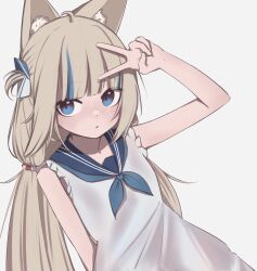 1girl absurdres animal_ear_fluff animal_ears blonde_hair blue_eyes blue_hair blue_neckerchief blue_sailor_collar cat_ears dress hand_up highres indie_virtual_youtuber long_hair looking_at_viewer low_twintails multicolored_hair neckerchief sailor_collar sameko_saba seiaru simple_background sleeveless sleeveless_dress solo streaked_hair twintails two-tone_hair upper_body v virtual_youtuber white_background white_dress